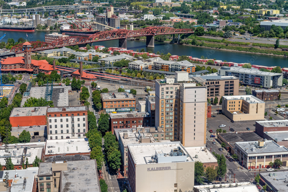 PORTLAND, OR - AUGUST 18, 2017: Aerial city view on a summer day. Portland attracts 5 million tourists annually