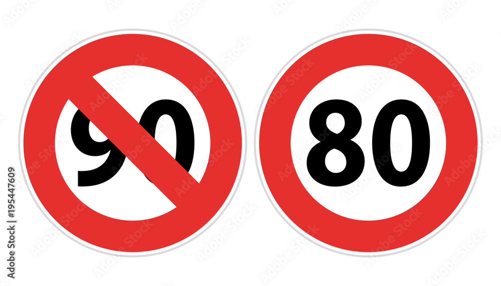 Nouvelle mesure de limitation de vitesse. Panneau 80 km/h et 90 km/h barré. Stock Vector Adobe