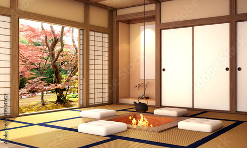 Photography interior design,modern living room with table,wood floor and tatami mat and trad