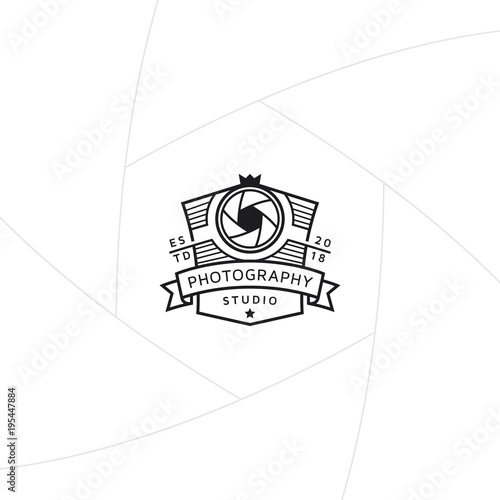 Retro photography badge or label design, Logo for studio and photographer or videographer with shield symbol and camera lens symbol. Photography logo template