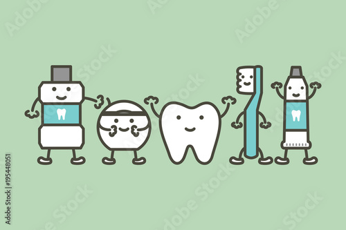 healthy tooth and funny friend toothbrush, toothpaste, mouthwash and floss, dental care concept