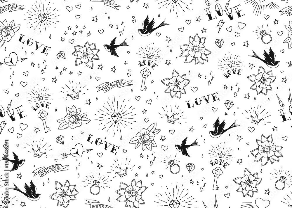 Old school tattoos seamles pattern with birds, flowers, roses and hearts. Love and wedding theme. Black and white traditional tattoo design. Vector illustration. - obrazy, fototapety, plakaty 