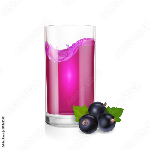 Fesh black currant berry juice in drinking glass with berries.