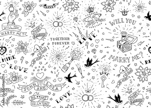 Old school tattoos seamles pattern with birds, flowers, roses and hearts. Love and wedding theme. Black and white traditional tattoo design. Vector illustration. photo