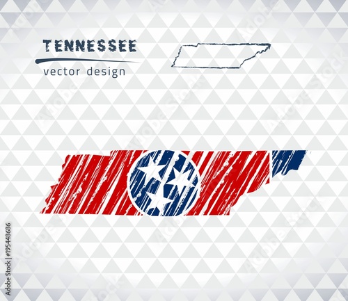 Tennessee vector map with flag inside isolated on a white background. Sketch chalk hand drawn illustration