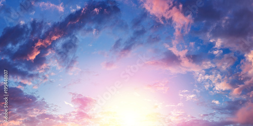 Panorama of beautiful evening cloudy sky. Nature background.