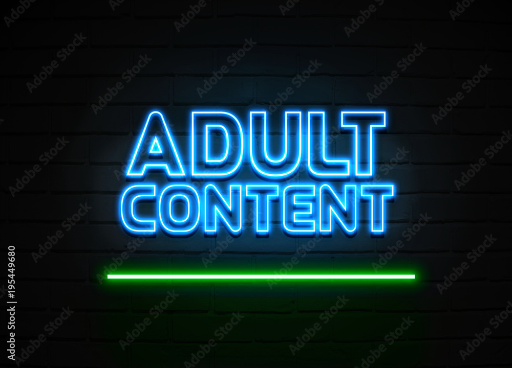 Adult Content neon sign mounted on brick wall.