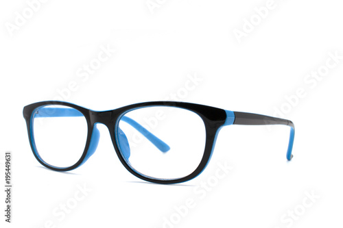 Thick black glasses on white background