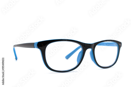 Thick black glasses on white background