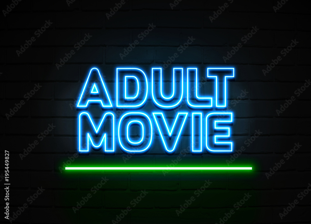 Adult Movie neon sign mounted on brick wall. Adult Movie neon sign mounted on brick wall.