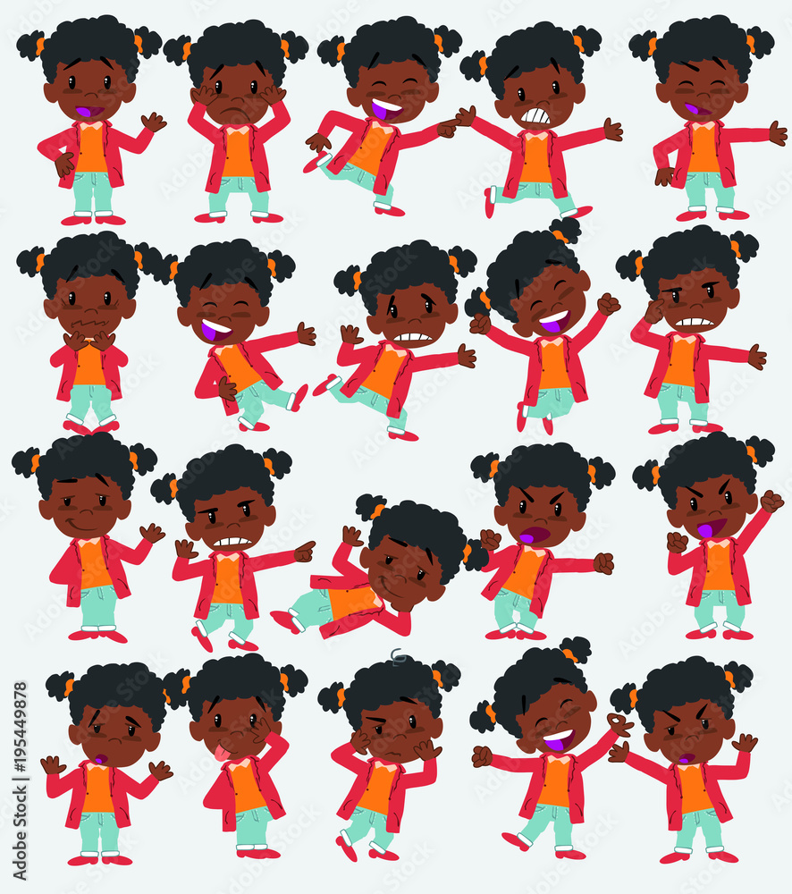 Cartoon character of a black girl. Set with different postures, attitudes and poses, doing different activities in isolated vector illustrations. Cartoon character of a black girl. Set with different postures, attitudes and poses, doing different activities in isolated vector illustrations.