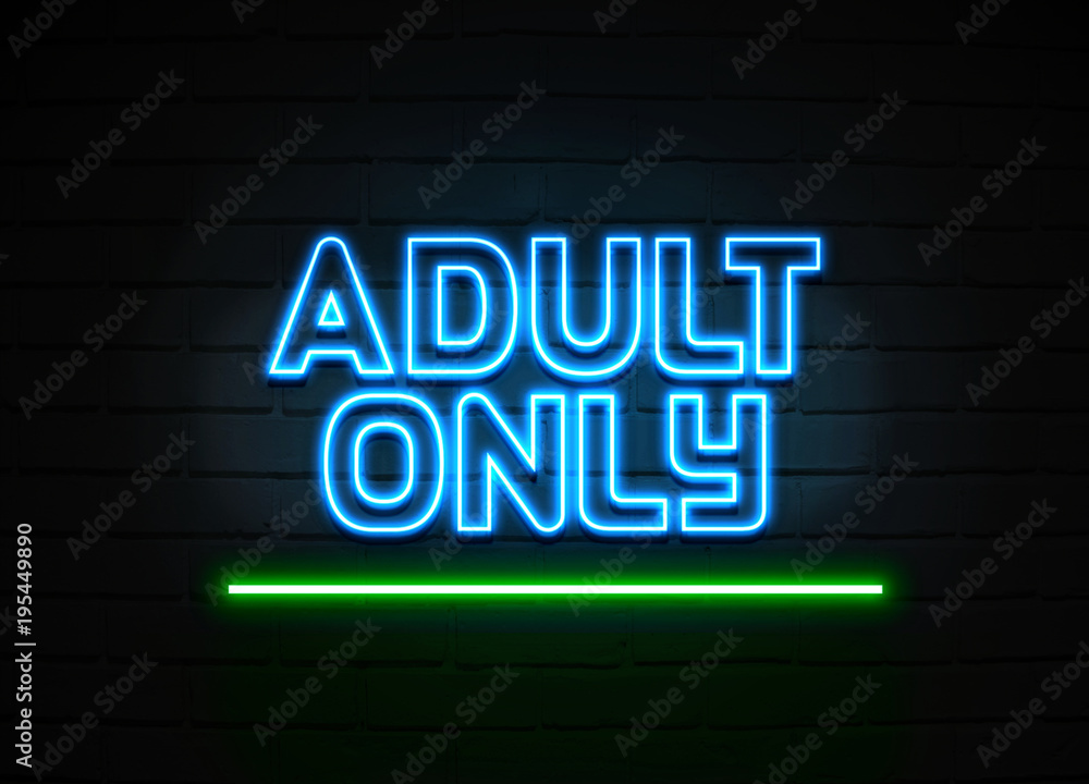 Adult Only neon sign mounted on brick wall.