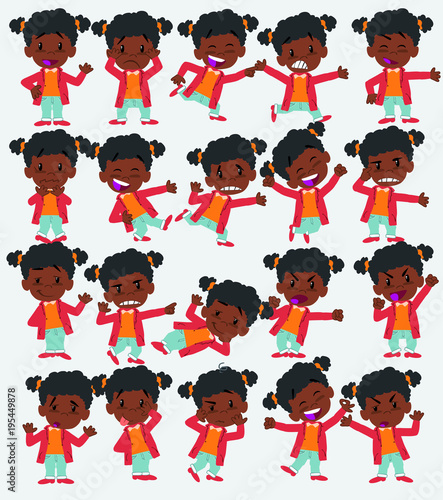 Cartoon character of a black girl. Set with different postures, attitudes and poses, doing different activities in isolated vector illustrations.