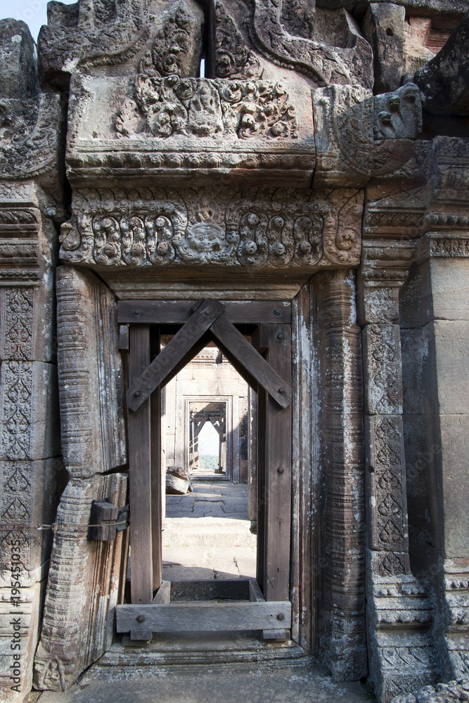 Dangrek Mountains Cambodia, view of reinforced ornate doorway at the 11th century Preah Vihear Temple complex