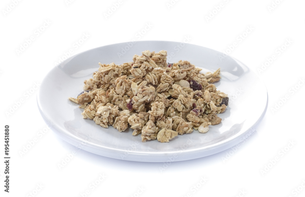 granola close up isolated on white background. granola close up isolated on white background.