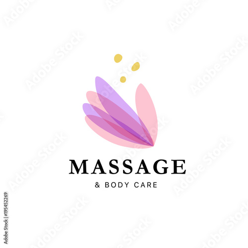 Vector transparent massage logo with lotus flower symbol in light colors isolated on white background. Perfect for beauty, spa, yoga salon, wellness and health care centers, fashion insignia design.