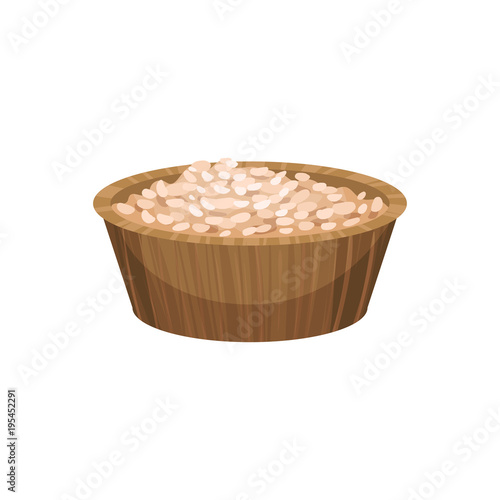 Rice porridge in wooden bowl. Food icon. Body and health care theme. Ingredient used in cooking and recipe for homemade face mask. Cartoon flat vector design