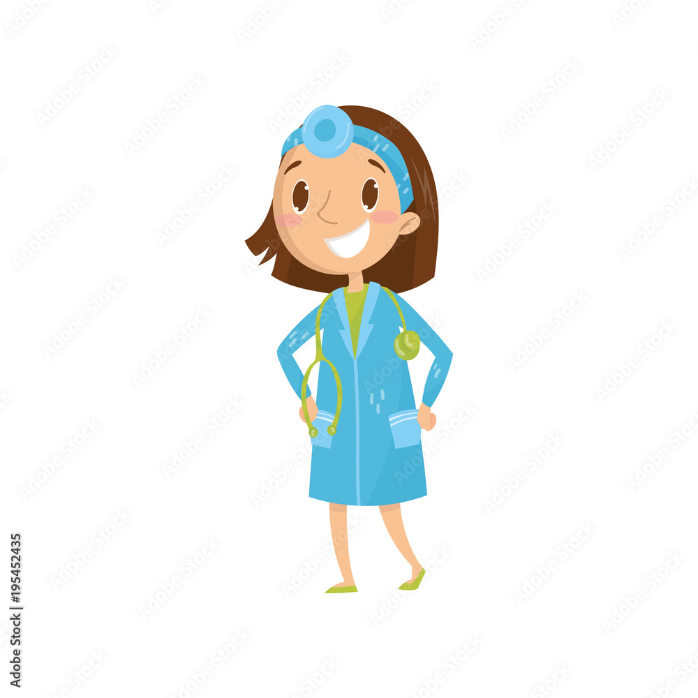 Cartoon character of girl in blue coat with stethoscope around neck and frontal mirror on head. Kid dream of becoming doctor. Child playing in adult. Flat vector design Cartoon character of girl in blue coat with stethoscope around neck and frontal mirror on head. Kid dream of becoming doctor. Child playing in adult. Flat vector design