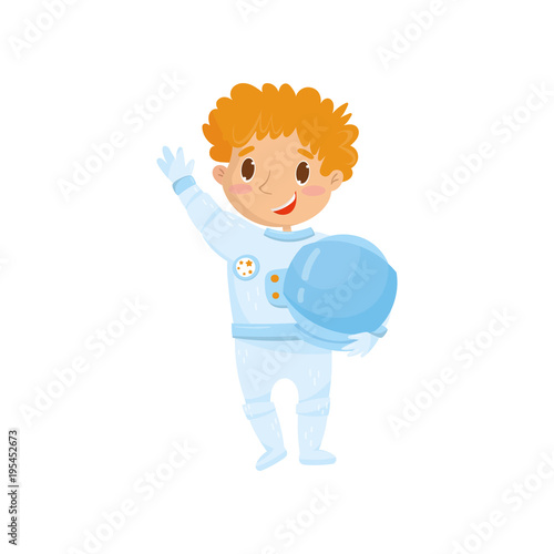 Cute red-haired teen boy wants to be cosmonaut in future. Cartoon child wearing astronaut costume and holding protective helmet. Dream profession. Flat vector design