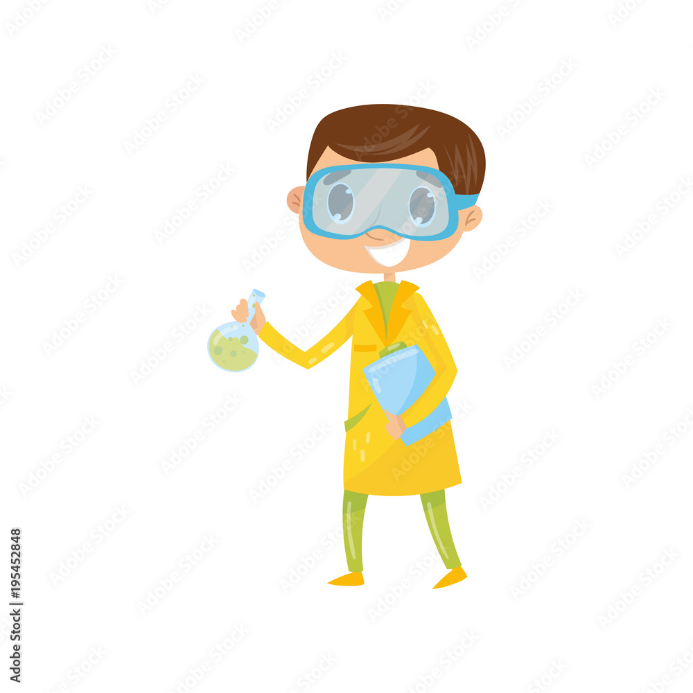 Teen boy interested in becoming famous chemist. Cartoon kid in yellow coat and protective glasses, holding flask with liquid and folder. Dream job. Flat vector design Teen boy interested in becoming famous chemist. Cartoon kid in yellow coat and protective glasses, holding flask with liquid and folder. Dream job. Flat vector design