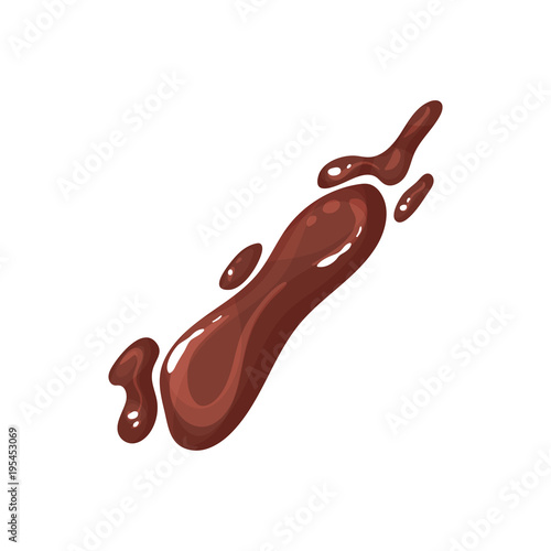 Icon of spilled chocolate. Sauce splash. Cooking ingredient. Syrup for pancakes, ice-cream and other desserts. Detailed flat vector element for advertising poster or flyer