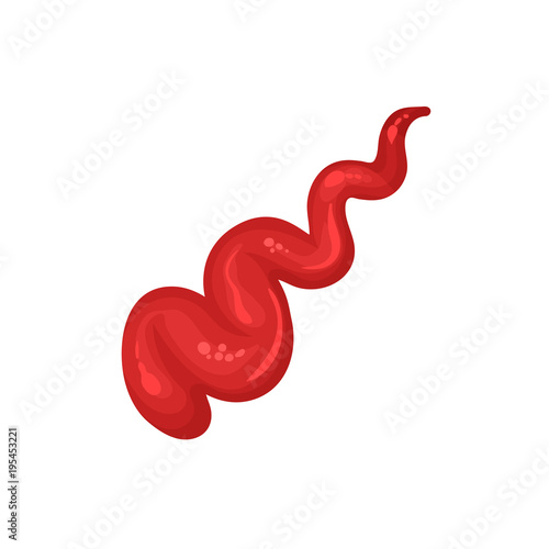 Cartoon icon of red wavy stripe. Ketchup or salsa sauce. Spicy gravy for hot dog, meat or sandwich. Detailed flat vector element for cafe menu decoration, recipe book