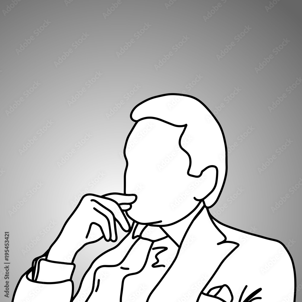 businessman thinking with hand gesture vector illustration doodle sketch hand drawn with black lines isolated on gray background. Business concept.
