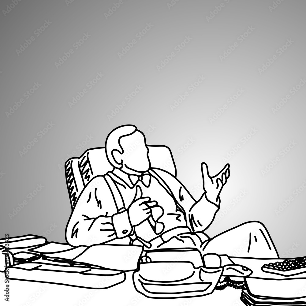 businessman with bow tie on his messy working desk vector illustration doodle sketch hand drawn with black lines isolated on gray background. Business concept. businessman with bow tie on his messy working desk vector illustration doodle sketch hand drawn with black lines isolated on gray background. Business concept.