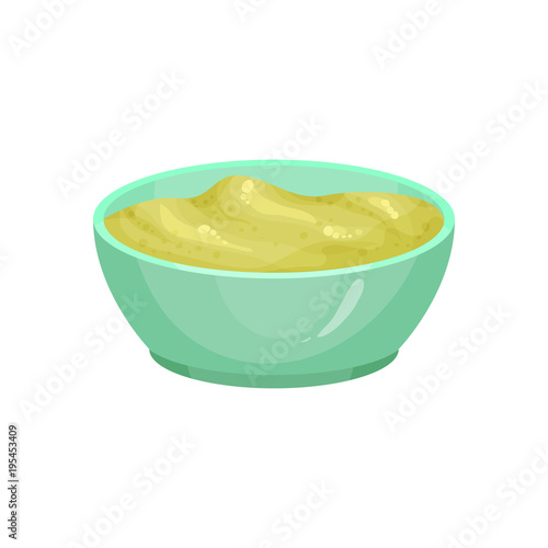 Illustration of wasabi in ceramic dip bowl. Japanese condiment. Spicy paste for sushi or raw fish. Traditional element of Asian cuisine. Colorful flat vector icon