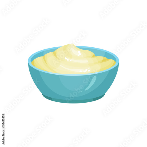 Blue ceramic dip bowl filled with creamy cheese sauce. Delicious cooking ingredient. Traditional garnish for nachos. Culinary theme. Colorful flat vector design