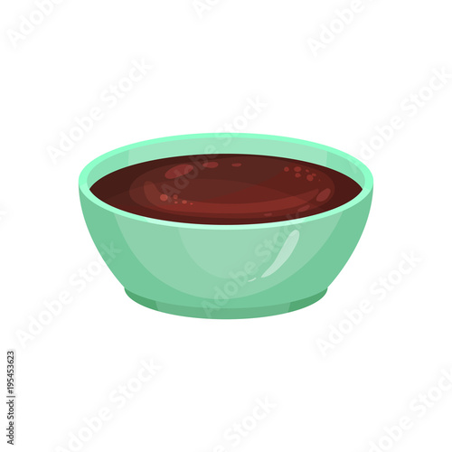 Delicious chocolate sauce in ceramic dip bowl. Homemade syrup made from cacao. Good for pancakes, ice-cream and other desserts. Cartoon flat vector design