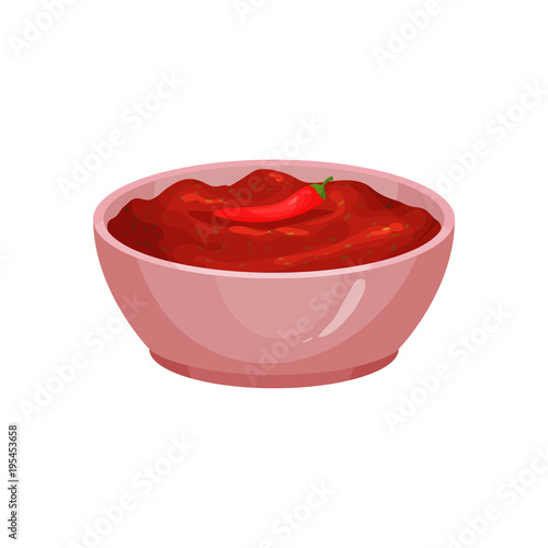 Salsa with red-hot chili pepper in ceramic dip bowl. Traditional piquant sauce of Mexican cuisine. Thick spicy liquid served with food. Colorful flat vector design