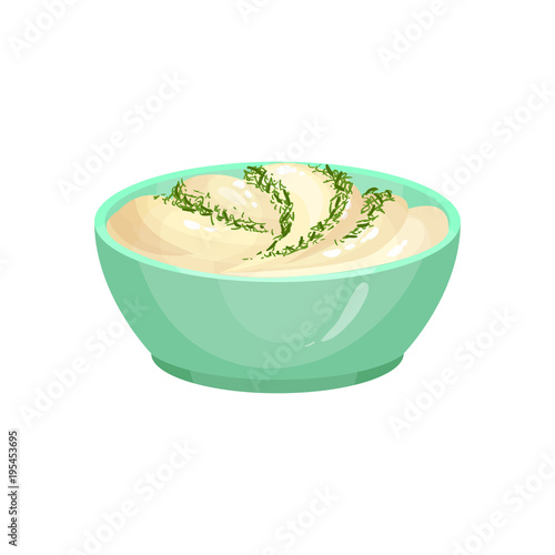 Fresh mayonnaise with green herbs in turquoise ceramic dip bowl. Creamy sauce for dressing dishes. Culinary theme. Cooking ingredient. Colorful flat vector design
