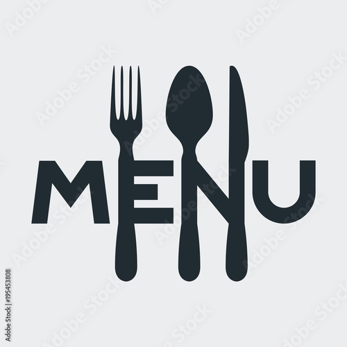 Icono plano MENU con cubiertos en fondo gris