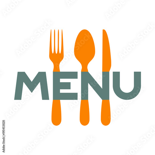 Icono plano MENU con cubiertos en gris y naranja