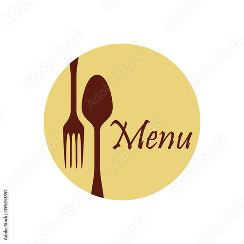 Icono plano Menu en circulo con cubiertos en color marrón