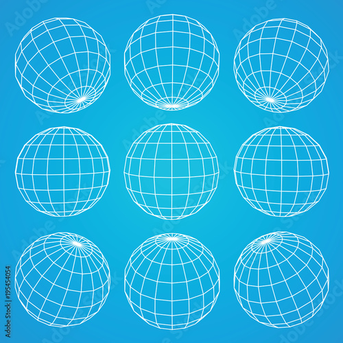 Set of 3d spheres globe earth grid from different sides. Horizontal and vertical lines, latitude and longitude. Neural information concept. Vector globe © dimadesigner