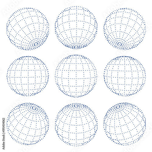 Set of 3d spheres globe earth grid from different sides. Horizontal and vertical lines, latitude and longitude. Neural information concept. Vector globe