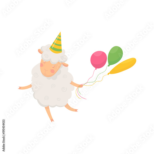Happy fluffy sheep with party hat on head holding colorful balloons. Cartoon character of funny humanized animal. Flat vector design for birthday postcard or sticker
