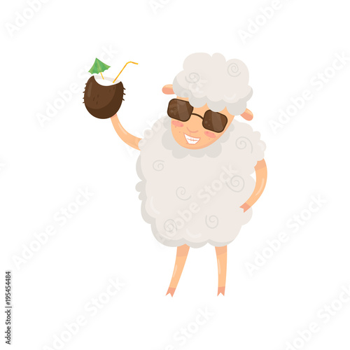 Funny humanized sheep holding summer cocktail in coconut shell. Cartoon animal character in stylish sunglasses. Flat vector design for poster, banner or print
