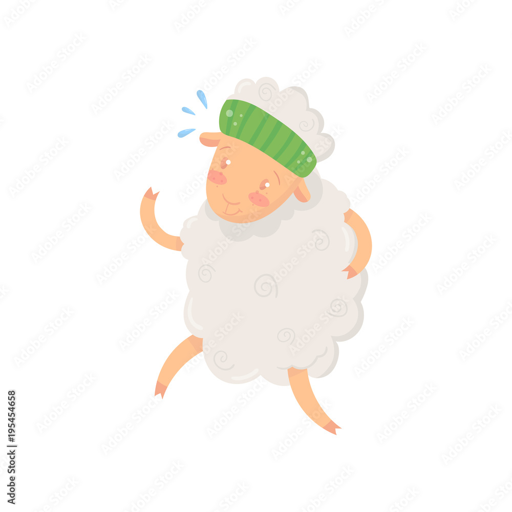 Funny little sheep with green sport headband doing morning exercises. Cartoon character of domestic animal with fluffy wool. Flat vector design for postcard or sticker Funny little sheep with green sport headband doing morning exercises. Cartoon character of domestic animal with fluffy wool. Flat vector design for postcard or sticker