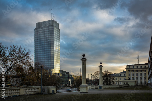 Blue skyscraper on the Bankowy square in Warsaw, Poland
