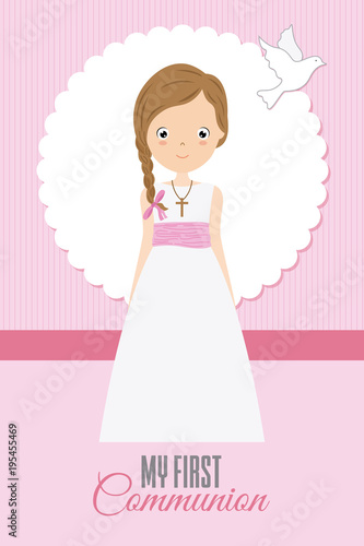 my first communion girl.pretty girl with communion dress and white dove