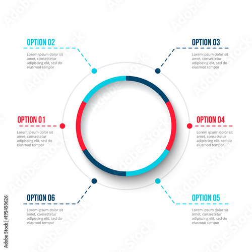 Vector circle element for infographic. Template for cycle diagram, graph, presentation and round chart. Business concept with 6 options, parts, steps or processes. Abstract background.