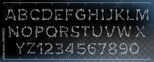 Bone Font Vector. Made Out Of Transparent Bones. Monster Horrible Font. Capitals Letters And Numbers. Anatomy Pirate Style. Isolated Transparent Illustration