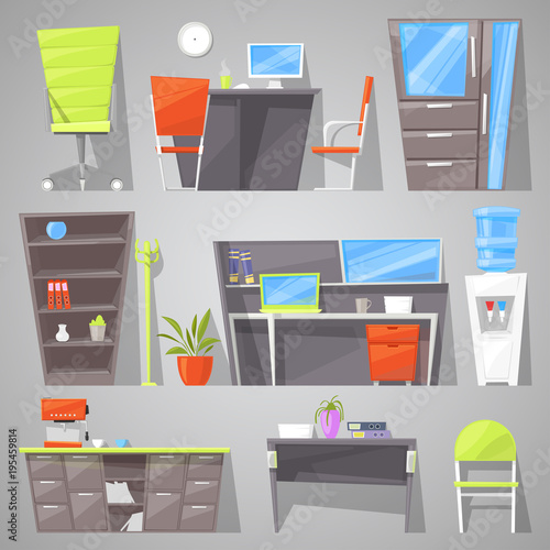 Office furniture vector furnishings design of table chair or armchair in furnished interior of workers cabinet illustration furnish room in house for study or official work set isolated on background