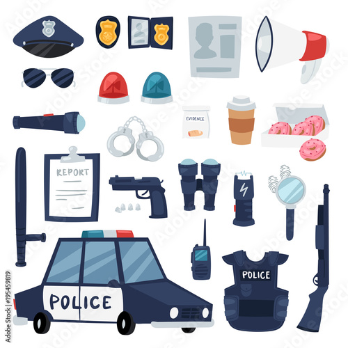 Police vector policy signs of policeman and police car illustration set of or policeofficers bulletproof vest and handcuffs in police-office symbols isolated on background