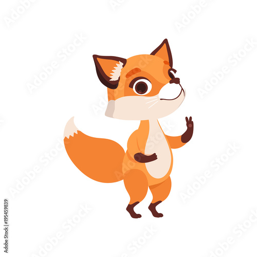 Cute fox character showing victory sign, funny forest animal vector Illustration on a white background