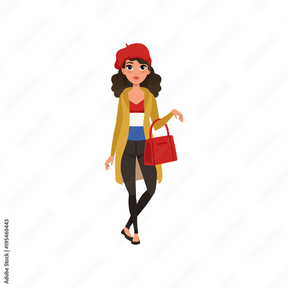 Beautiful brunette woman character dressed in Parisian style vector Illustration on a white background