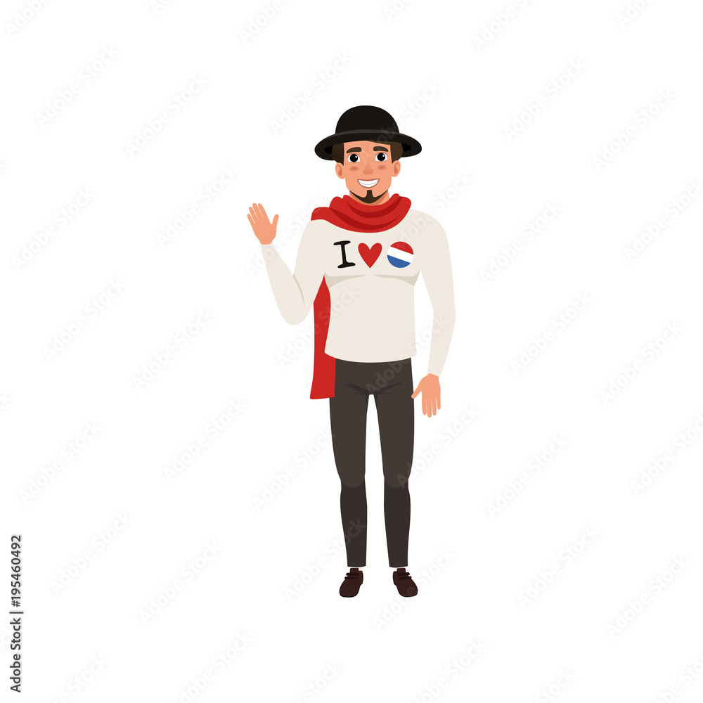 Smiling French man character dressed in traditional Parisian style waving his hand vector Illustration on a white background